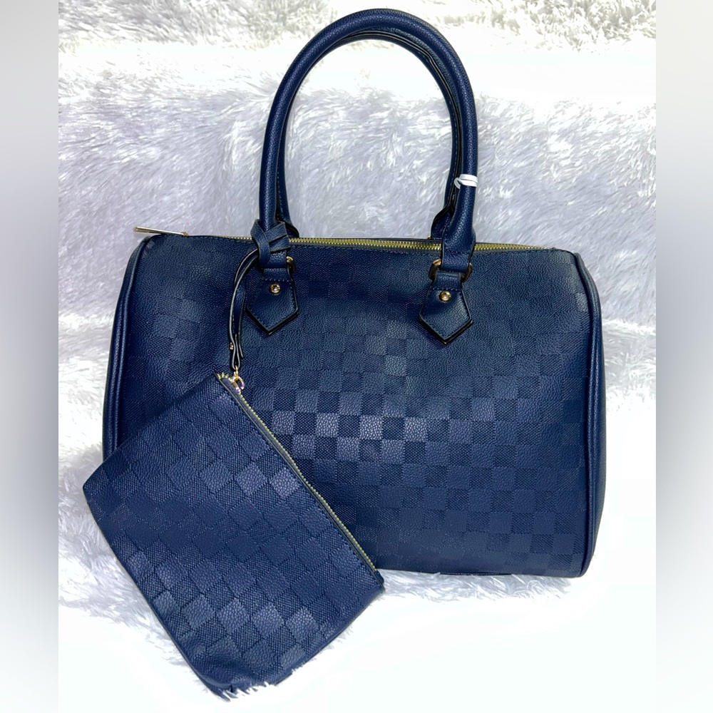 Navy Blue Checkered Satchel Handbag with Matching Pouch – NWT